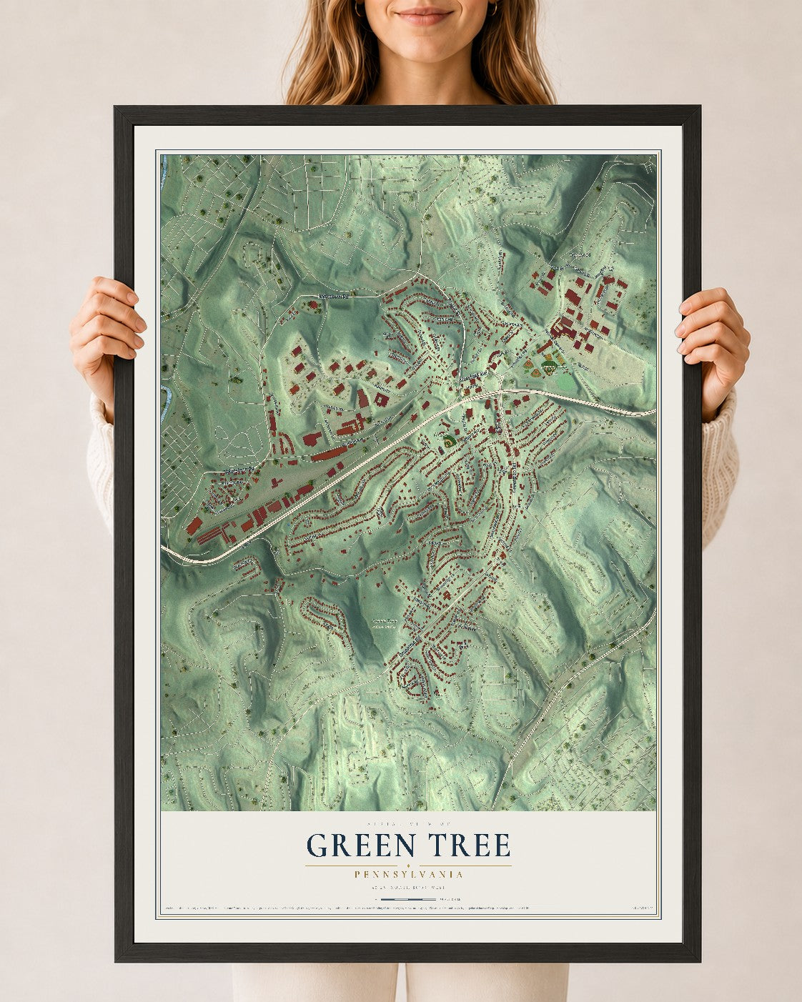 Map of Green Tree, Pennsylvania, 24 x 36 inch print in a black wood frame