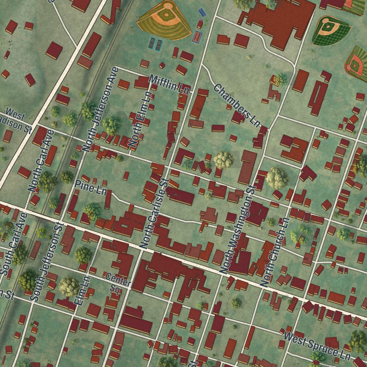 Close-up of the map of Greencastle, Pennsylvania print showing street and building detail