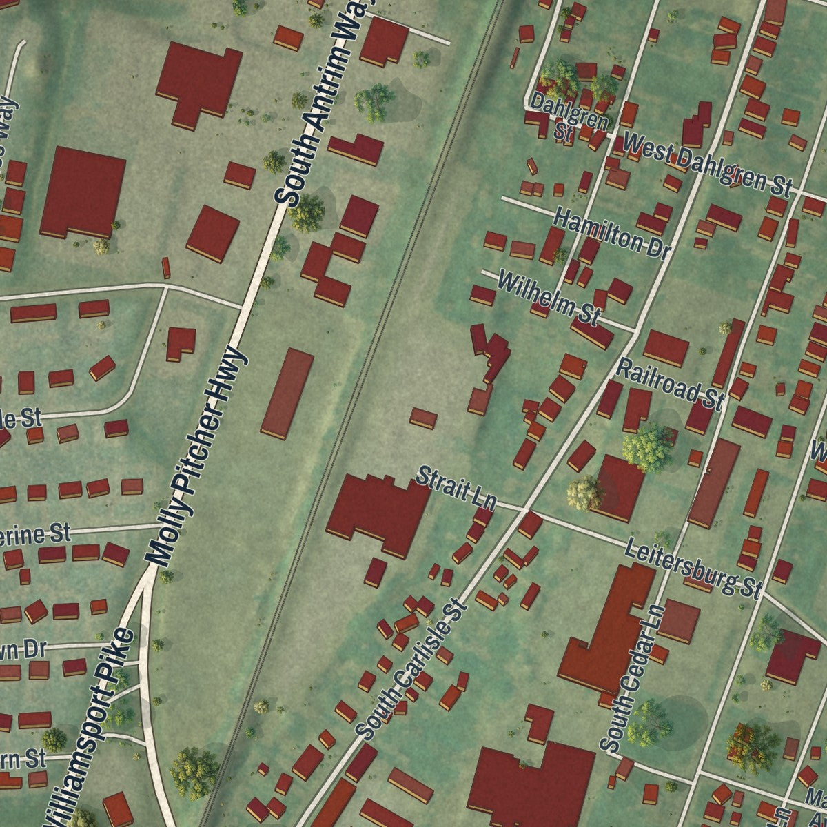 Second close-up of the map of Greencastle, Pennsylvania print showing more streets and buildings