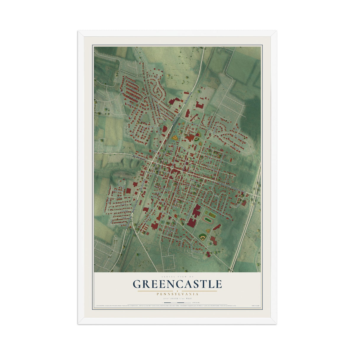 Map of Greencastle, Pennsylvania, 12 x 18 inch print in a white wood frame
