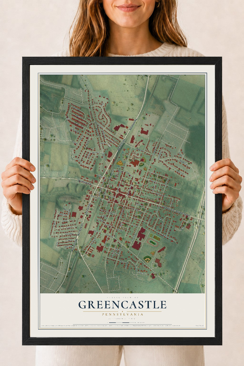 Map of Greencastle, Pennsylvania, 18 x 24 inch print in a black wood frame