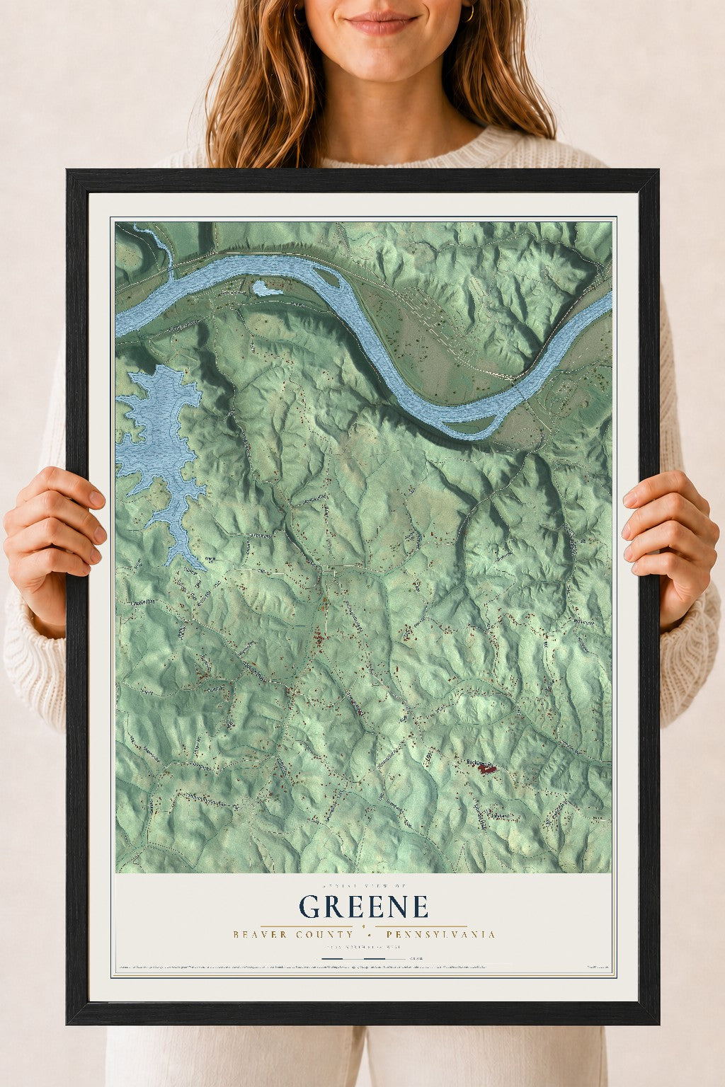 Map of Greene, Beaver County, Pennsylvania, 18 x 24 inch print in a black wood frame