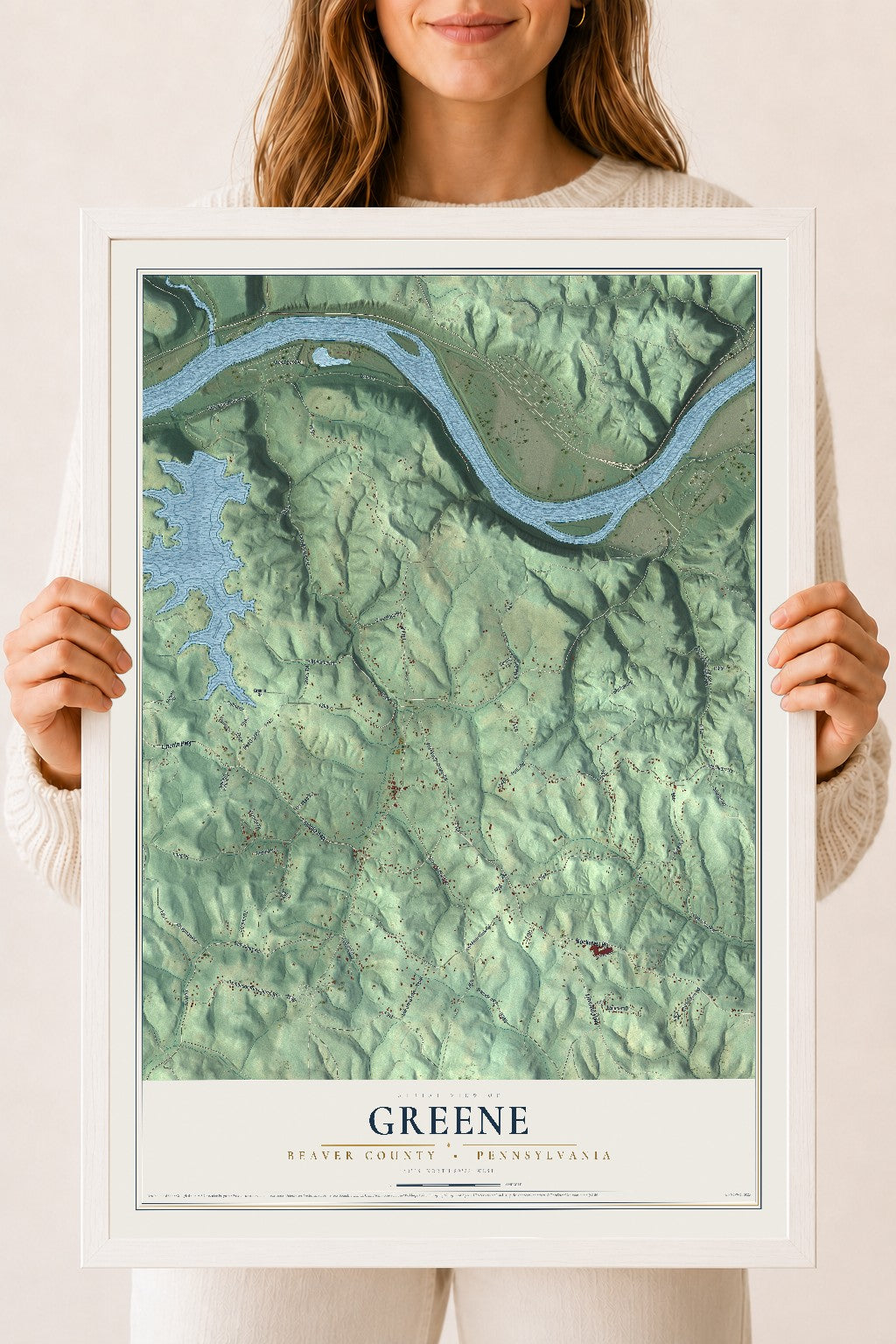 Map of Greene, Beaver County, Pennsylvania, 18 x 24 inch print in a white wood frame