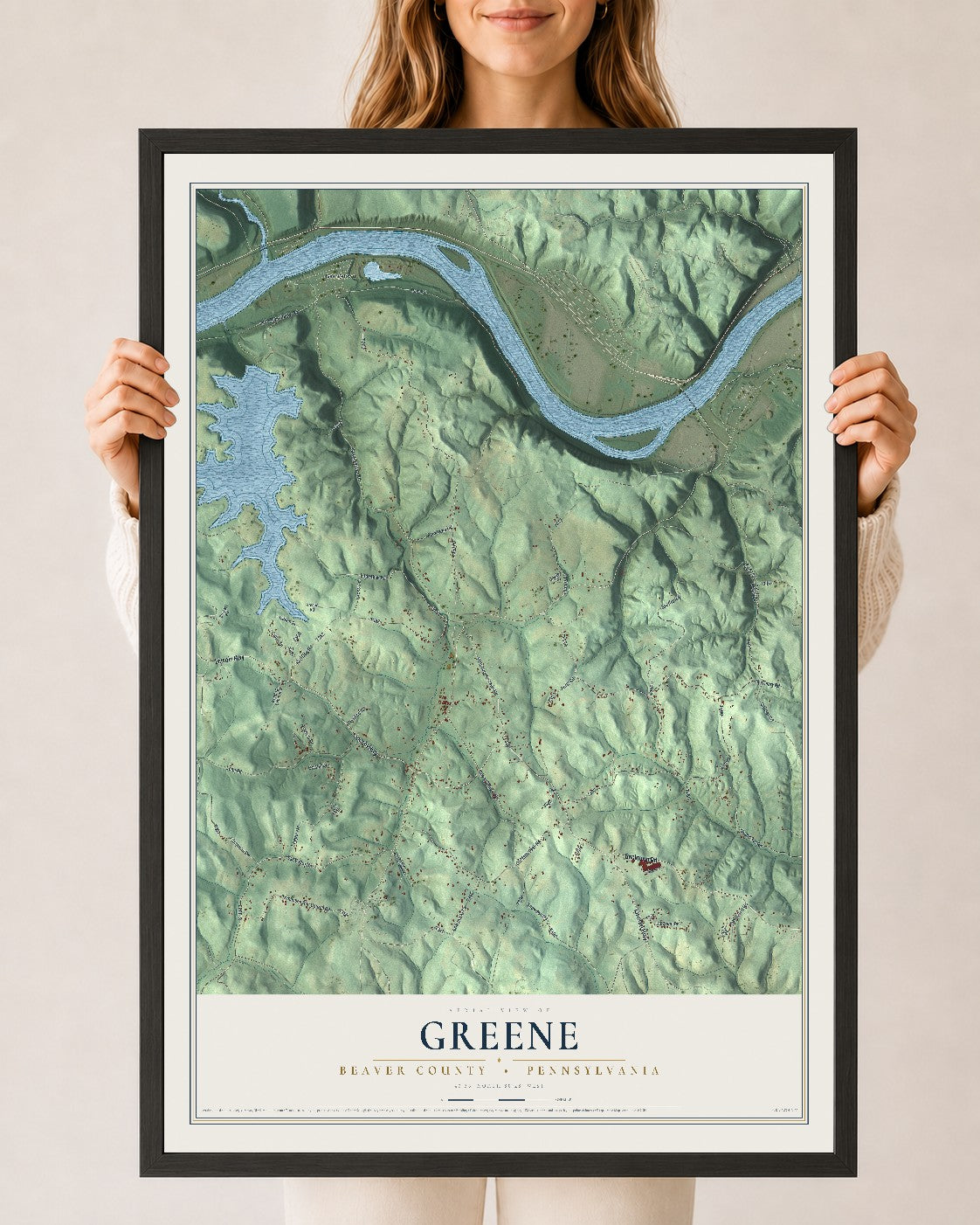Map of Greene, Beaver County, Pennsylvania, 24 x 36 inch print in a black wood frame