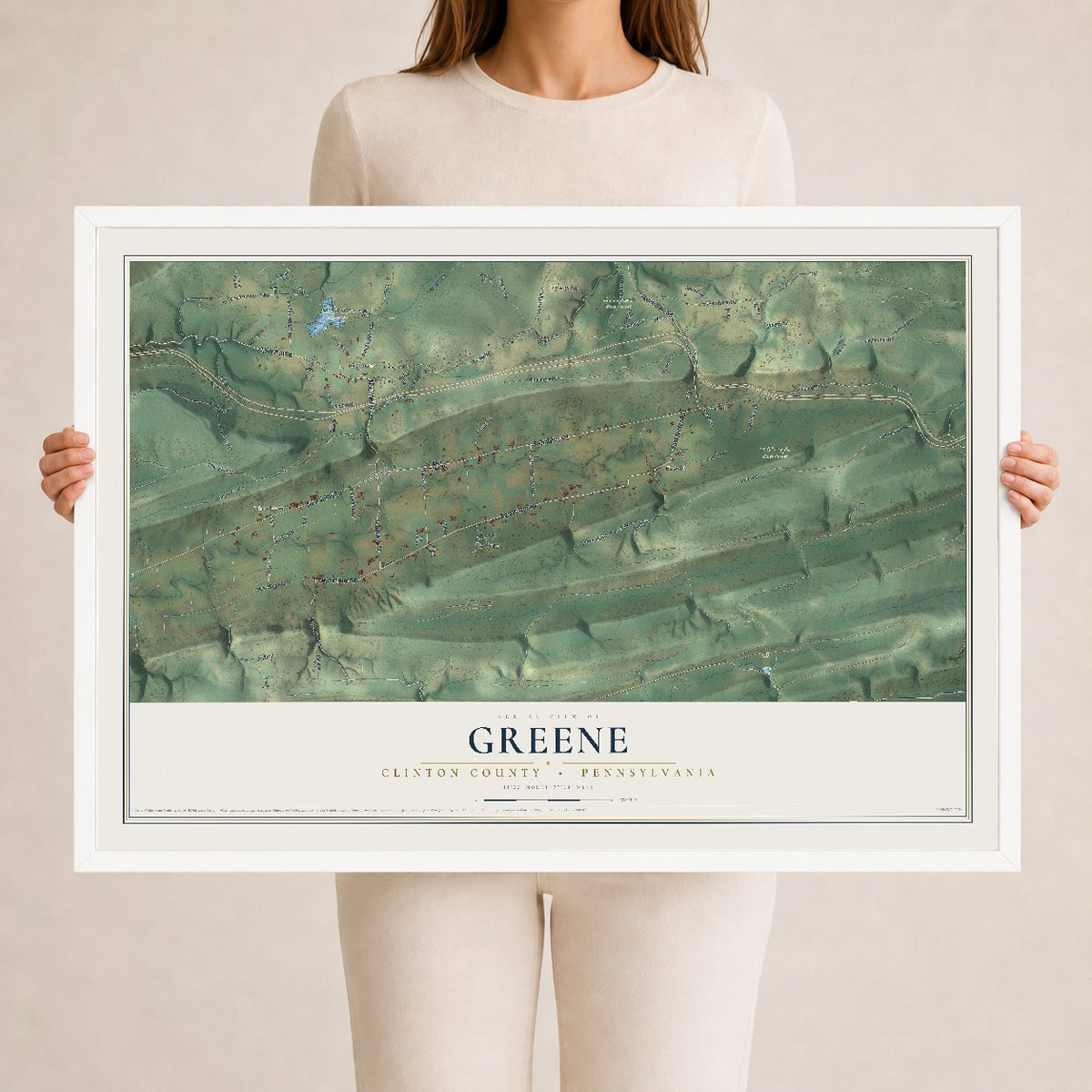 Map of Greene, Clinton County, Pennsylvania, 24 x 36 inch print in a white wood frame