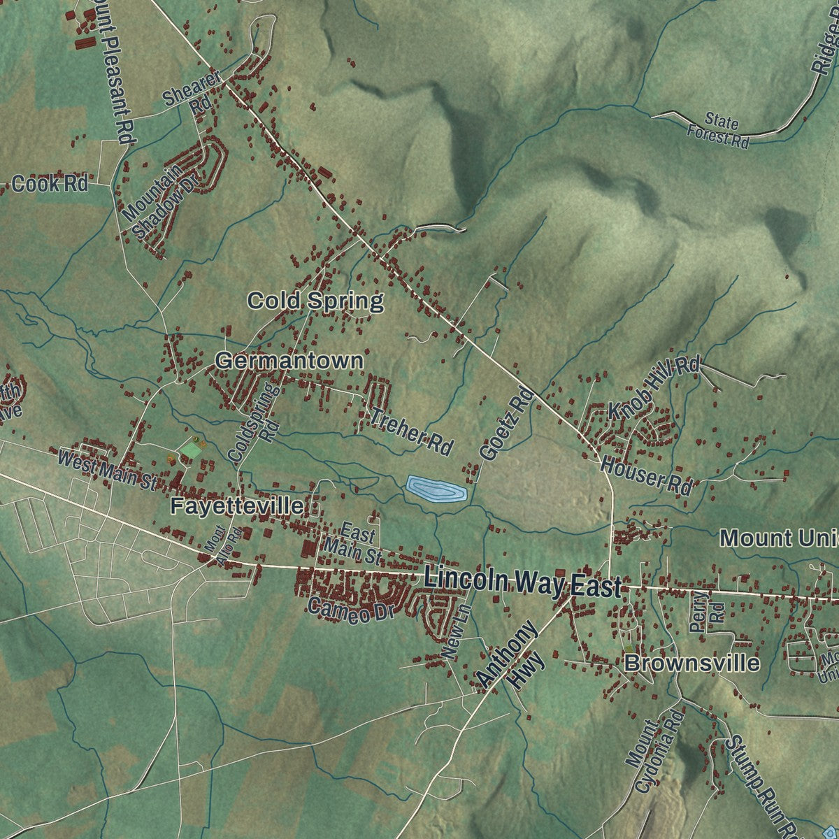 Second close-up of the map of Greene, Franklin County, Pennsylvania print showing more streets and buildings