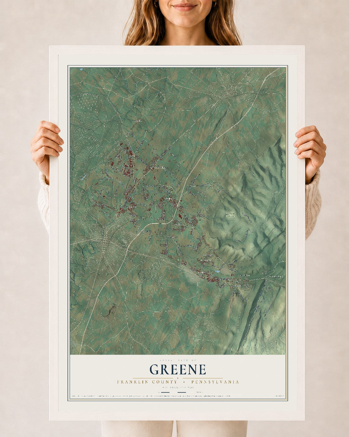 Map of Greene, Franklin County, Pennsylvania, 24 x 36 inch print in a white wood frame