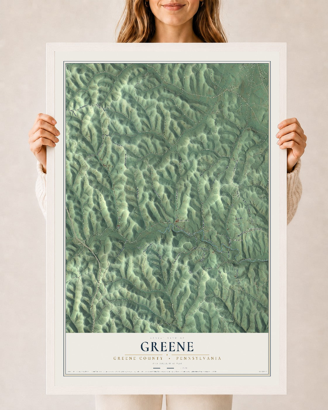 Map of Greene, Greene County, Pennsylvania, 24 x 36 inch print in a white wood frame