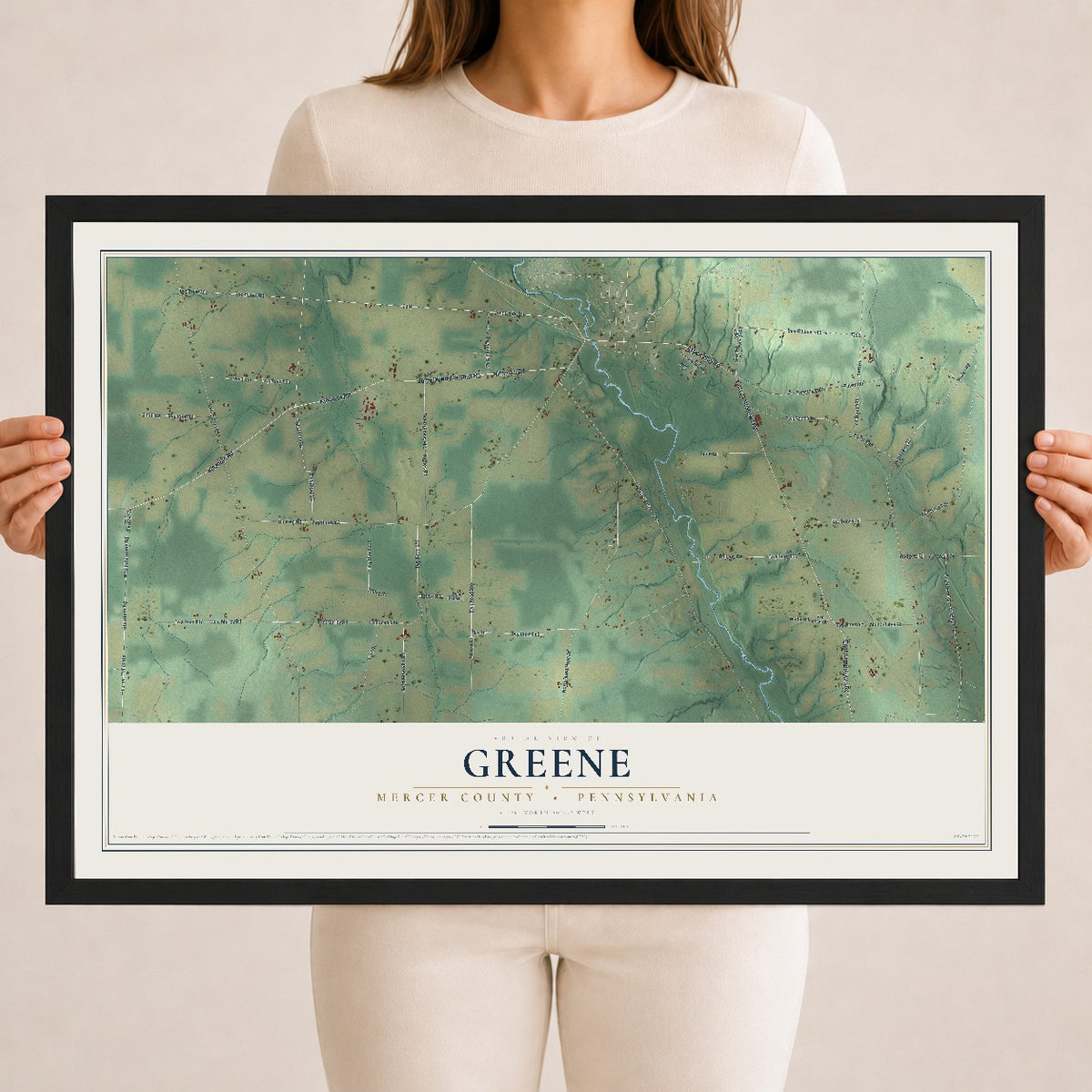 Map of Greene, Mercer County, Pennsylvania, 18 x 24 inch print in a black wood frame
