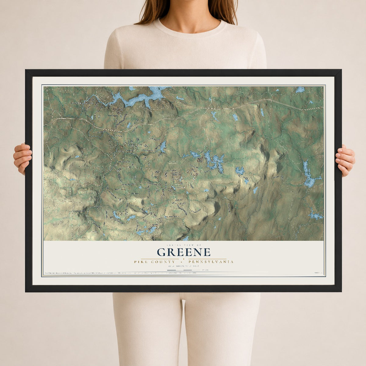 Map of Greene, Pike County, Pennsylvania, 24 x 36 inch print in a black wood frame
