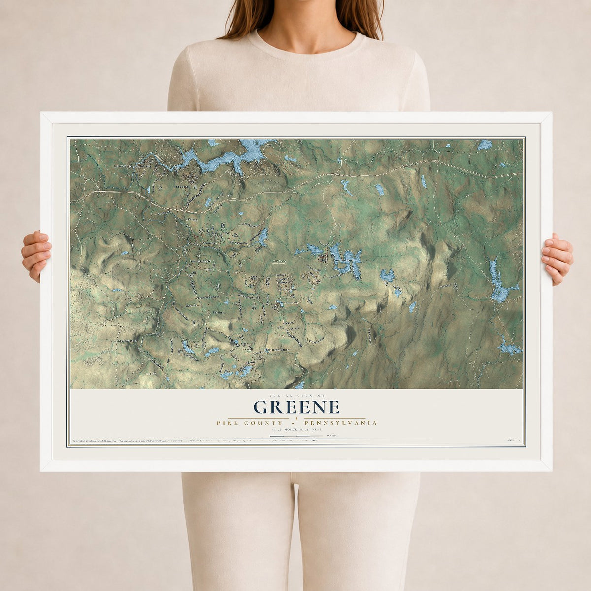 Map of Greene, Pike County, Pennsylvania, 24 x 36 inch print in a white wood frame