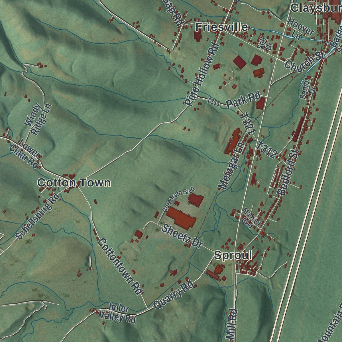 Second close-up of the map of Greenfield, Blair County, Pennsylvania print showing more streets and buildings