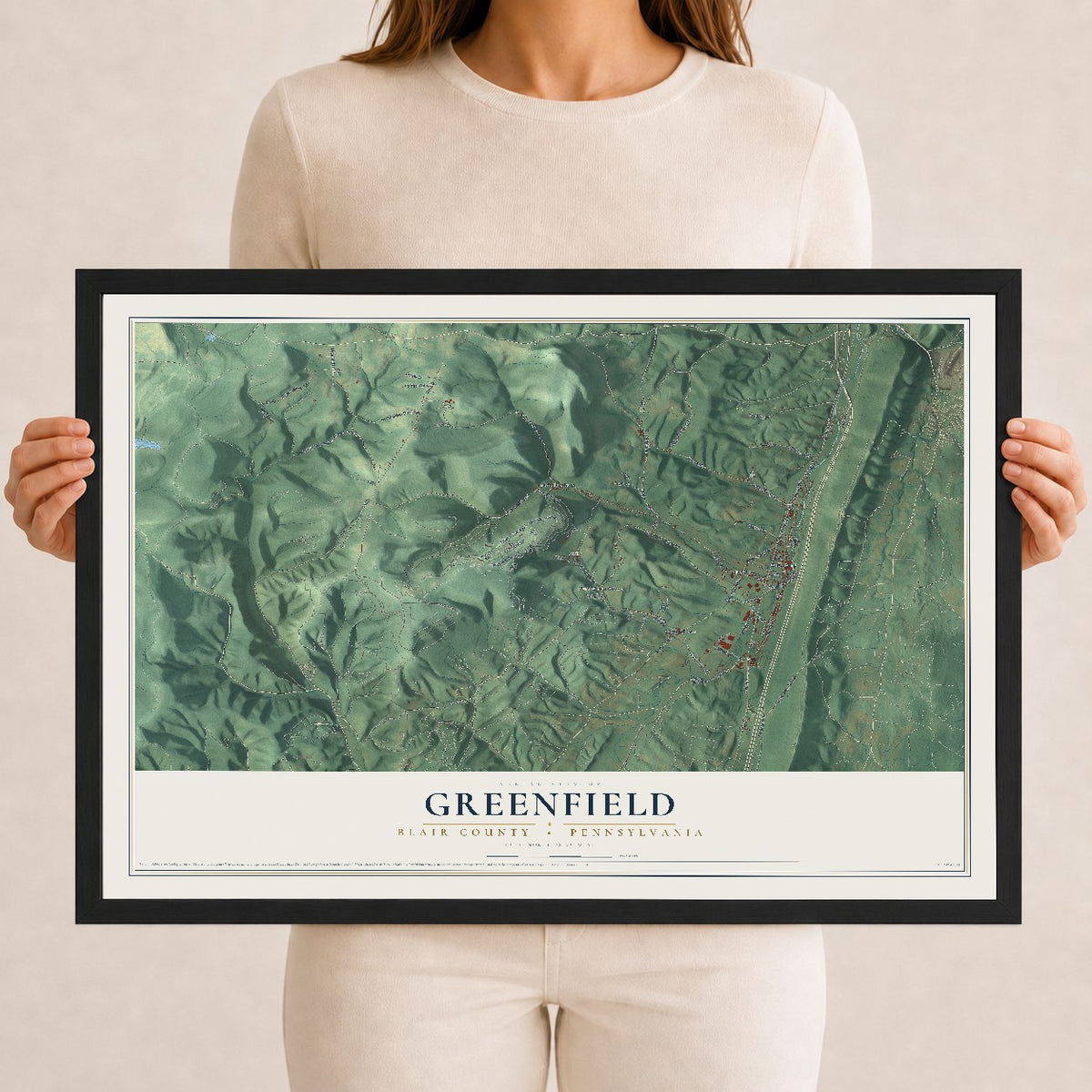 Map of Greenfield, Blair County, Pennsylvania, 12 x 18 inch print in a black wood frame