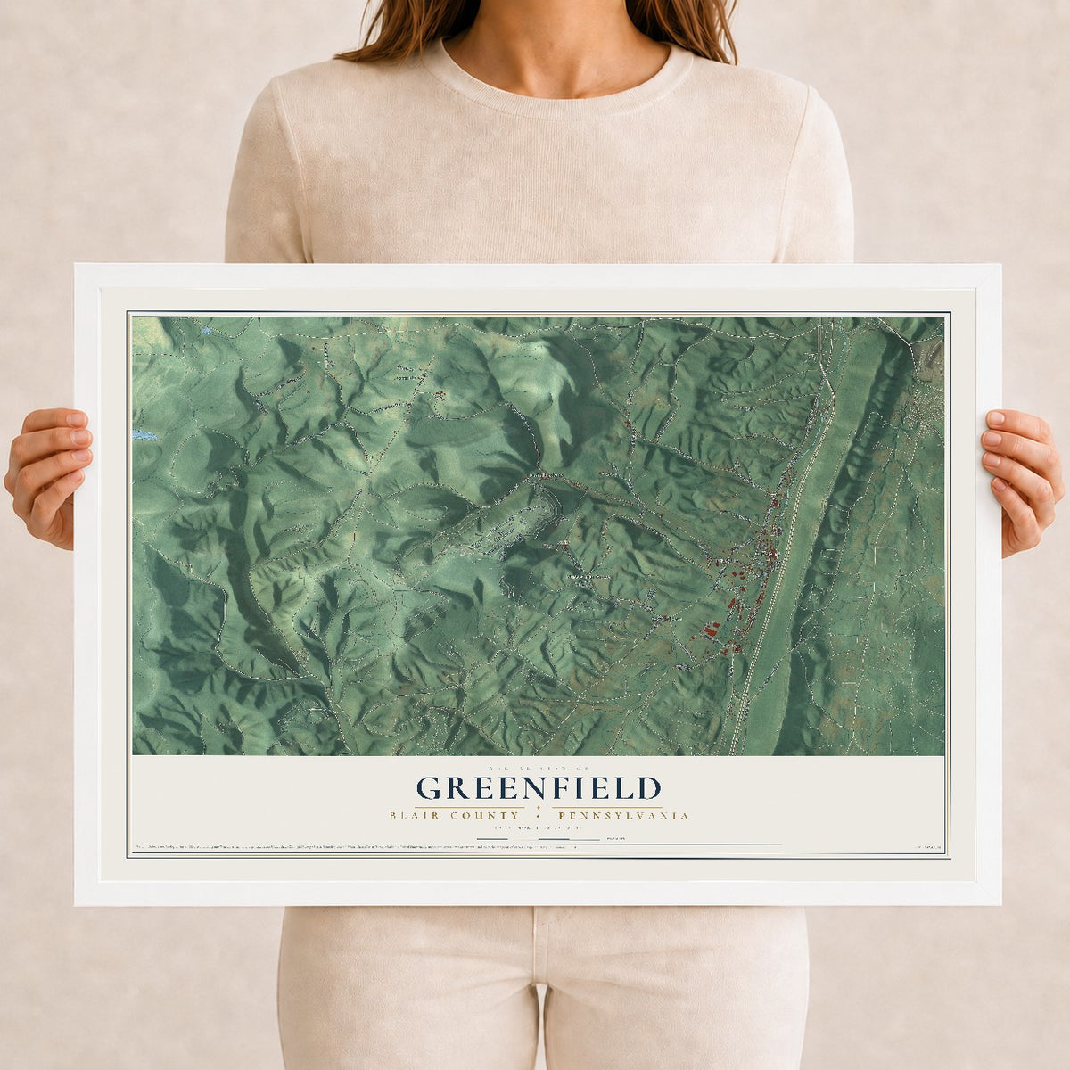 Map of Greenfield, Blair County, Pennsylvania, 12 x 18 inch print in a white wood frame