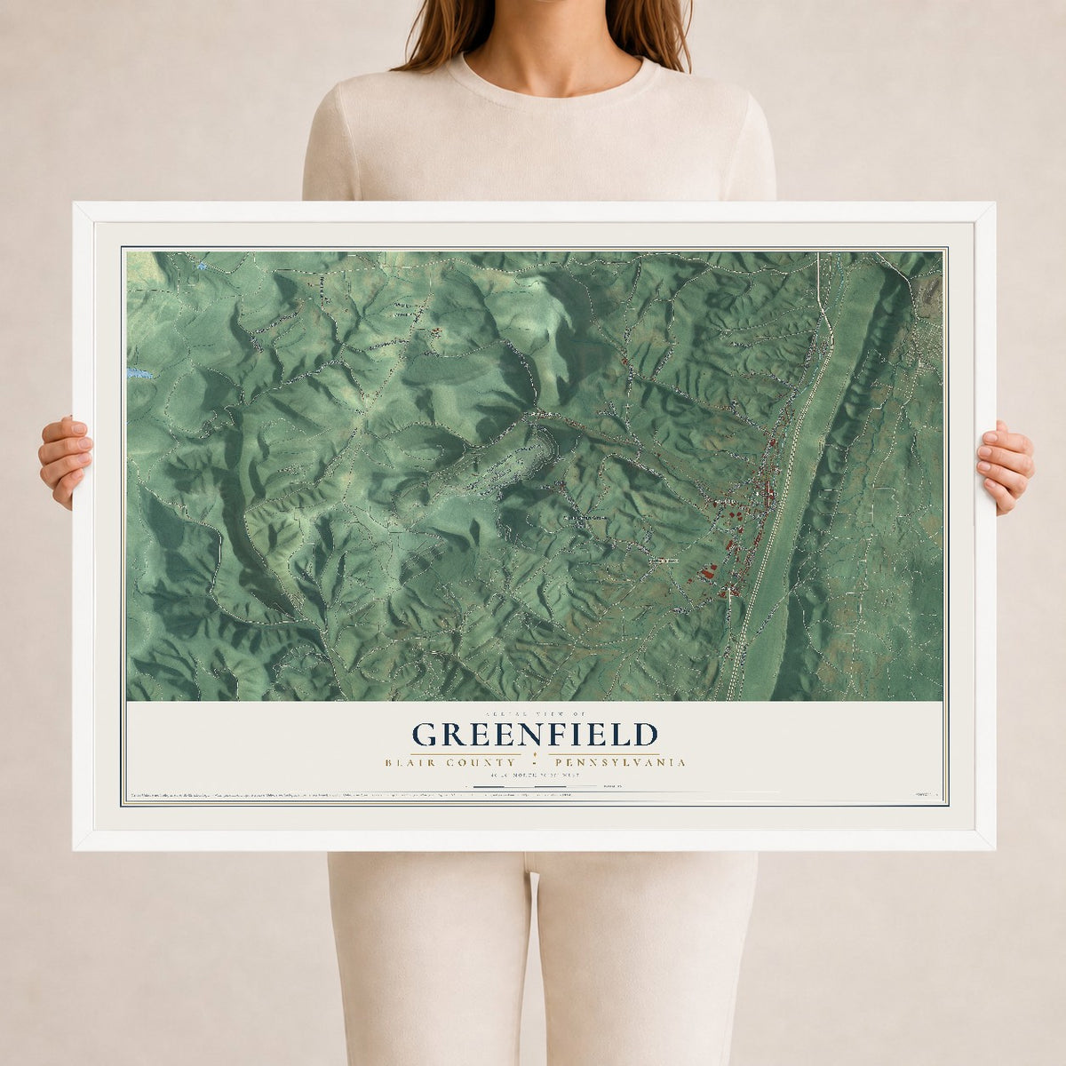 Map of Greenfield, Blair County, Pennsylvania, 24 x 36 inch print in a white wood frame