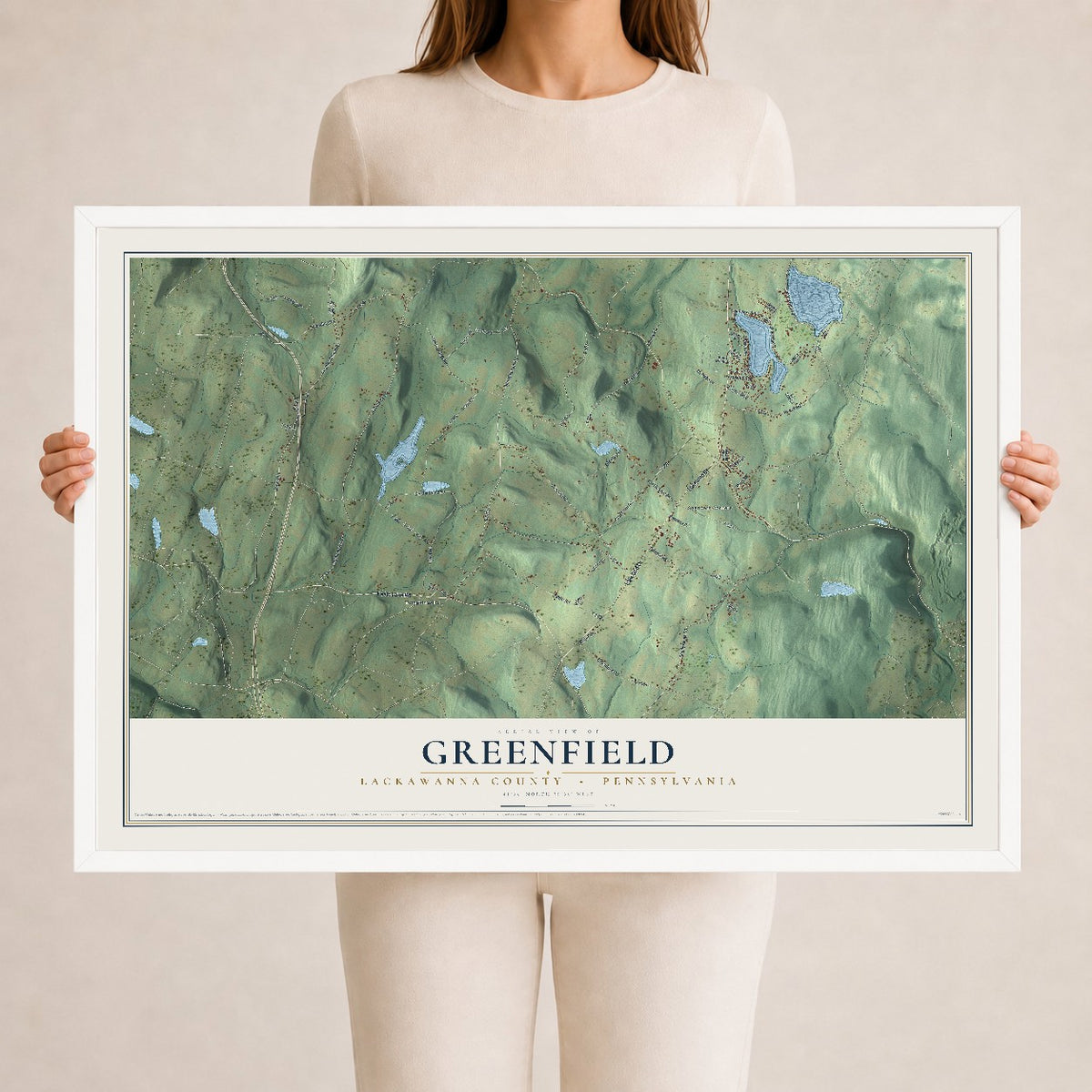 Map of Greenfield, Lackawanna County, Pennsylvania, 24 x 36 inch print in a white wood frame