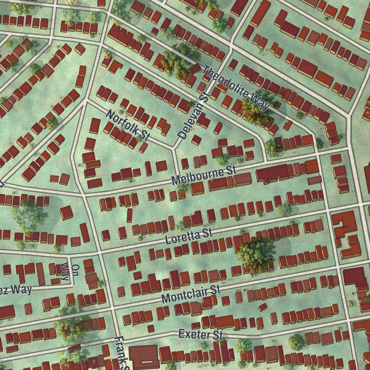 Close-up of the map of Greenfield, Pennsylvania print showing street and building detail