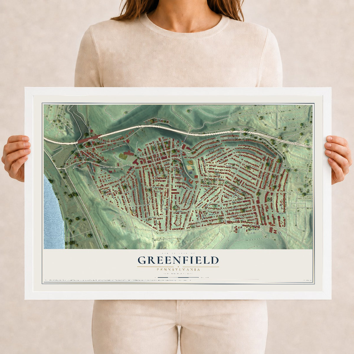 Map of Greenfield, Pennsylvania, 12 x 18 inch print in a white wood frame