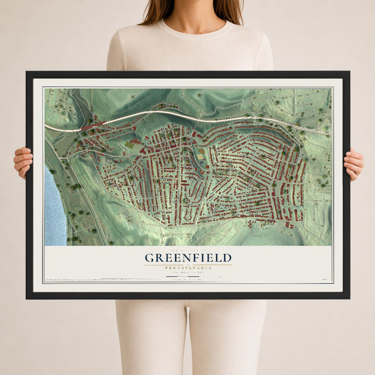 Map of Greenfield, Pennsylvania, 24 x 36 inch print in a black wood frame
