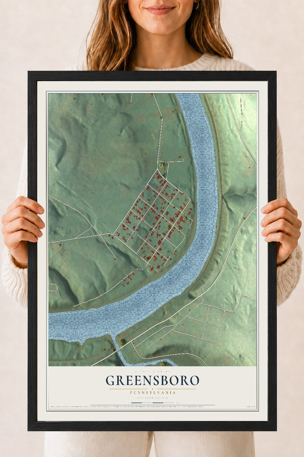 Map of Greensboro, Pennsylvania, 18 x 24 inch print in a black wood frame