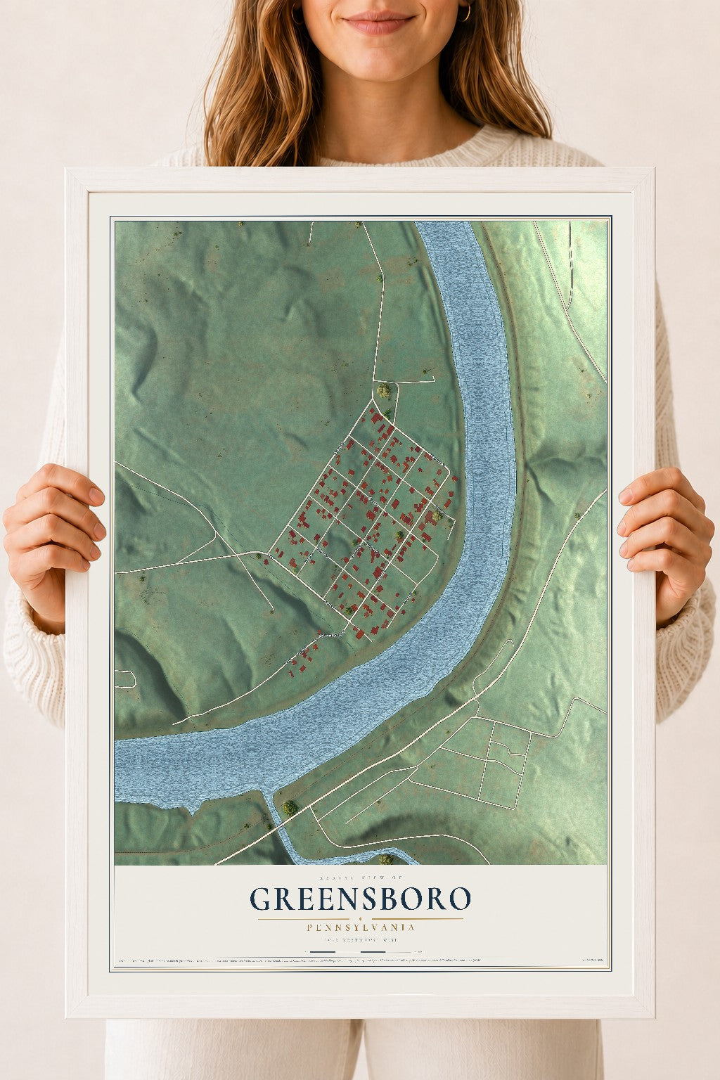 Map of Greensboro, Pennsylvania, 18 x 24 inch print in a white wood frame