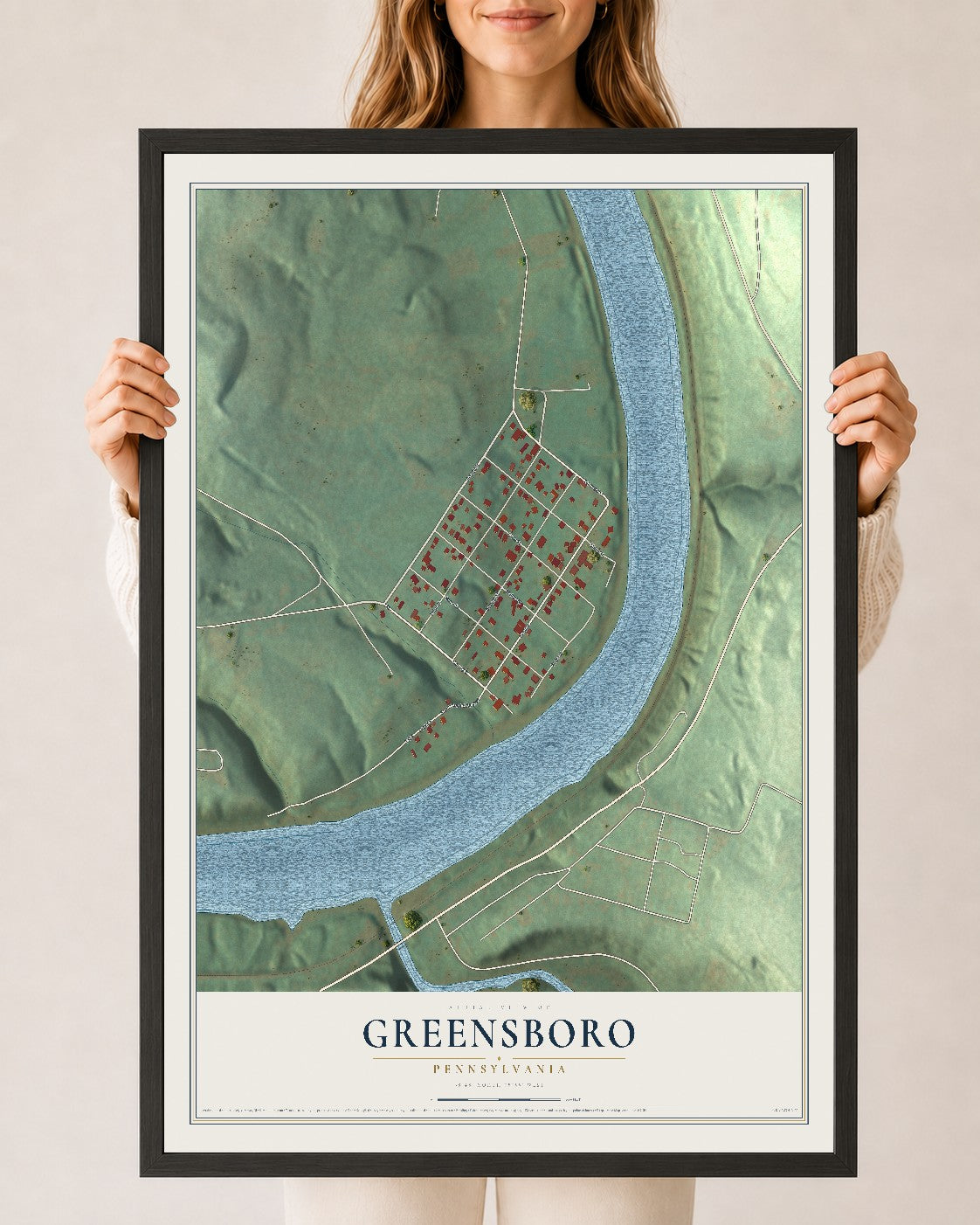 Map of Greensboro, Pennsylvania, 24 x 36 inch print in a black wood frame