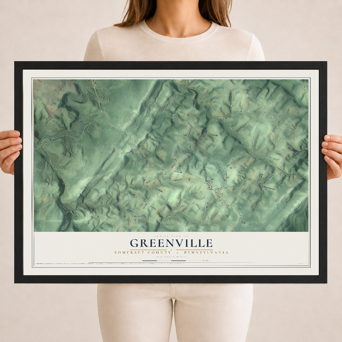 Map of Greenville, Somerset County, Pennsylvania, 18 x 24 inch print in a black wood frame