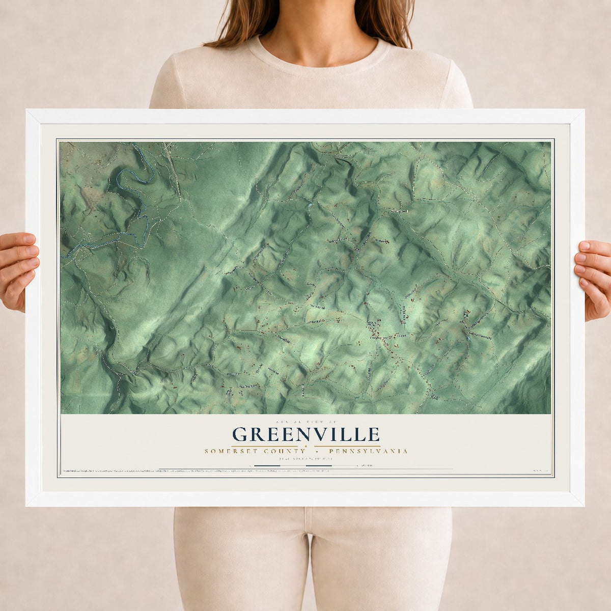 Map of Greenville, Somerset County, Pennsylvania, 18 x 24 inch print in a white wood frame