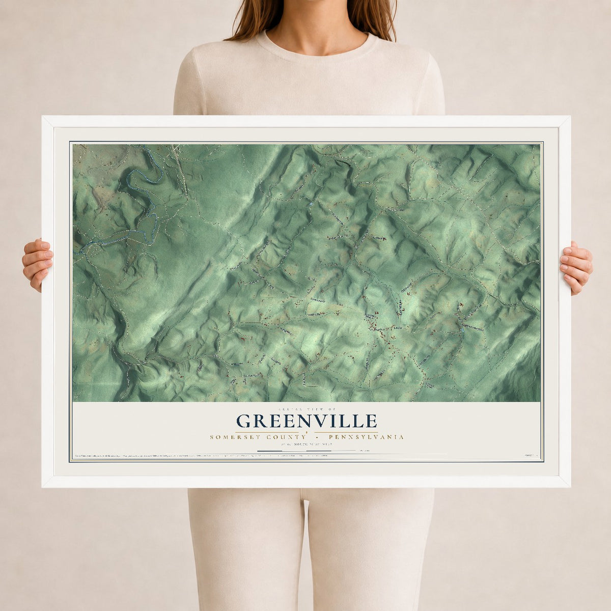 Map of Greenville, Somerset County, Pennsylvania, 24 x 36 inch print in a white wood frame