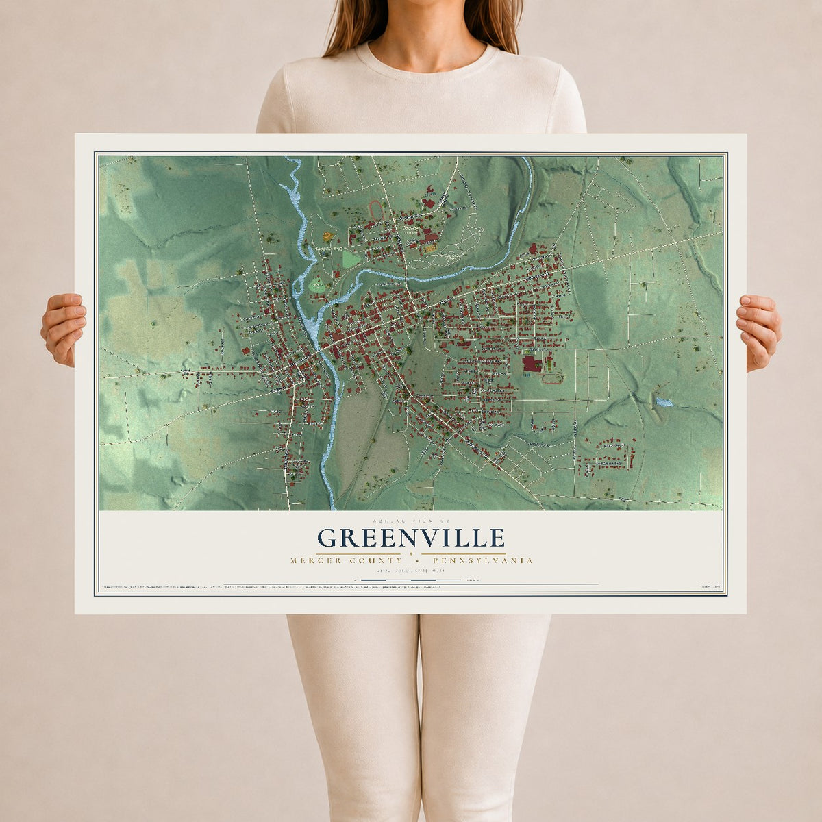 Map of Greenville, Mercer County, Pennsylvania, 24 x 36 inch unframed archival matte print