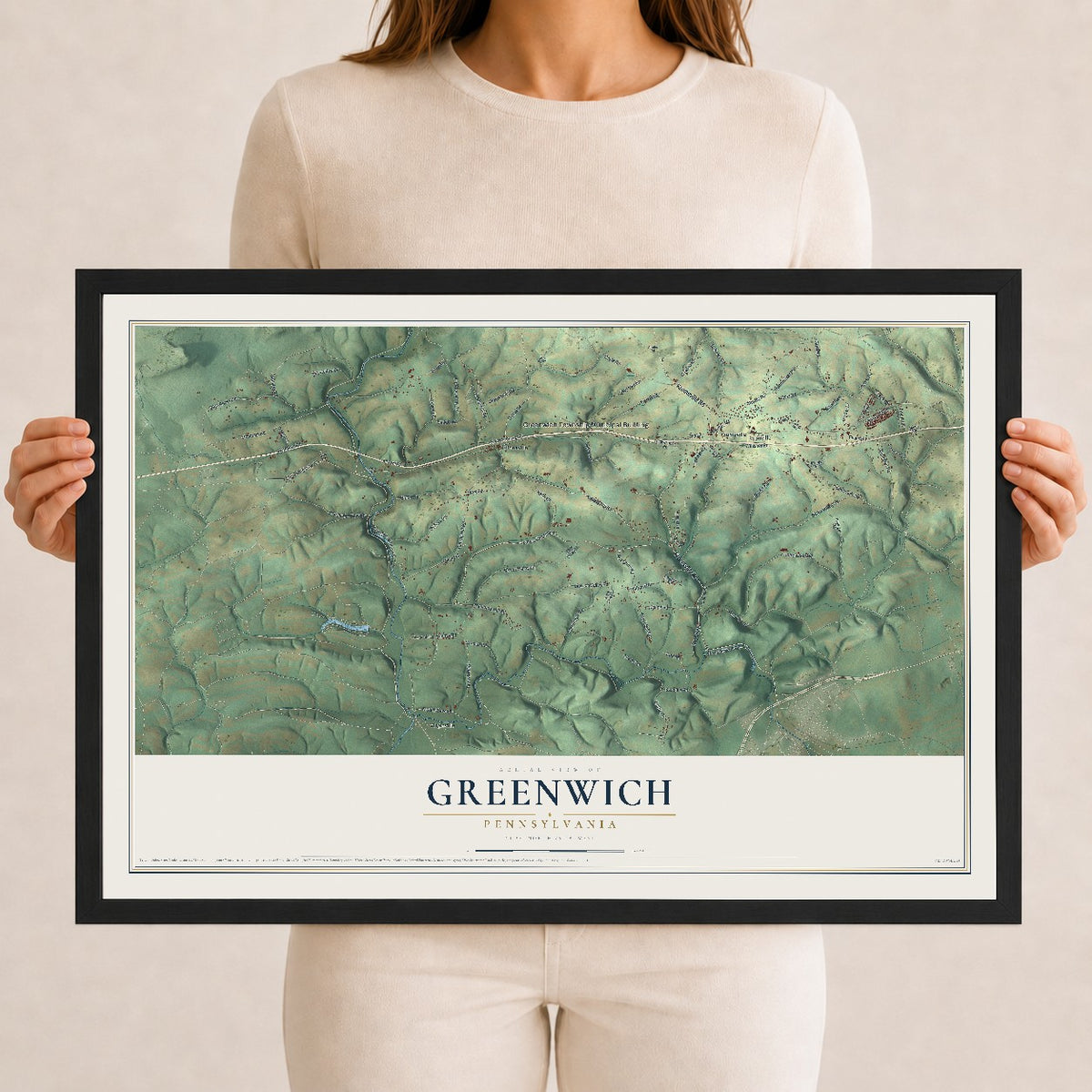 Map of Greenwich, Pennsylvania, 12 x 18 inch print in a black wood frame
