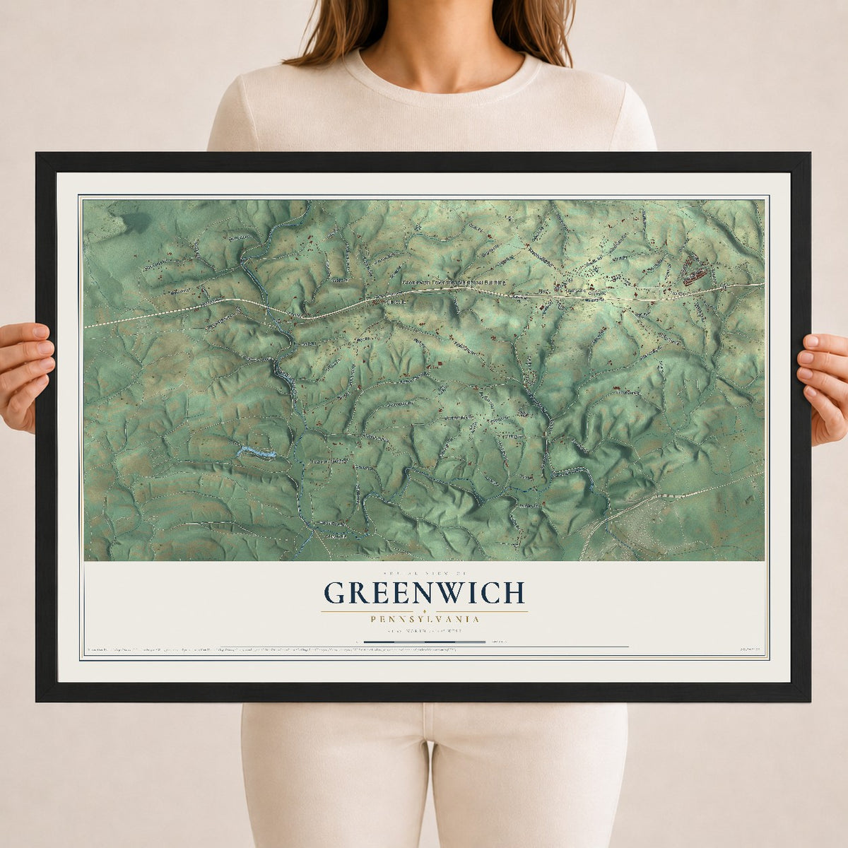 Map of Greenwich, Pennsylvania, 18 x 24 inch print in a black wood frame