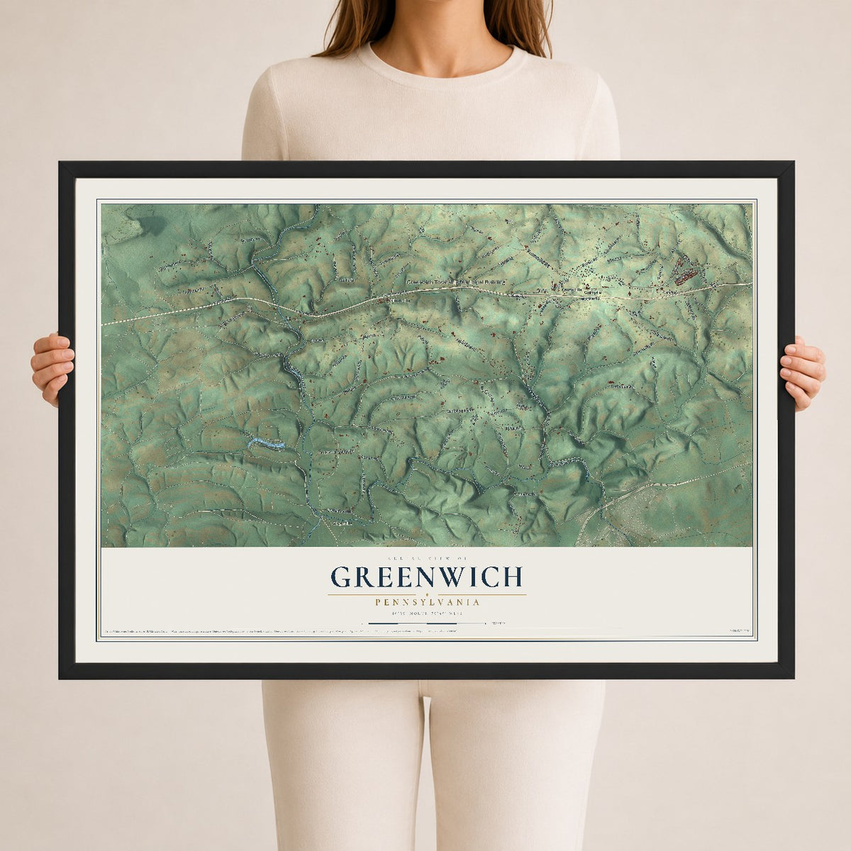 Map of Greenwich, Pennsylvania, 24 x 36 inch print in a black wood frame