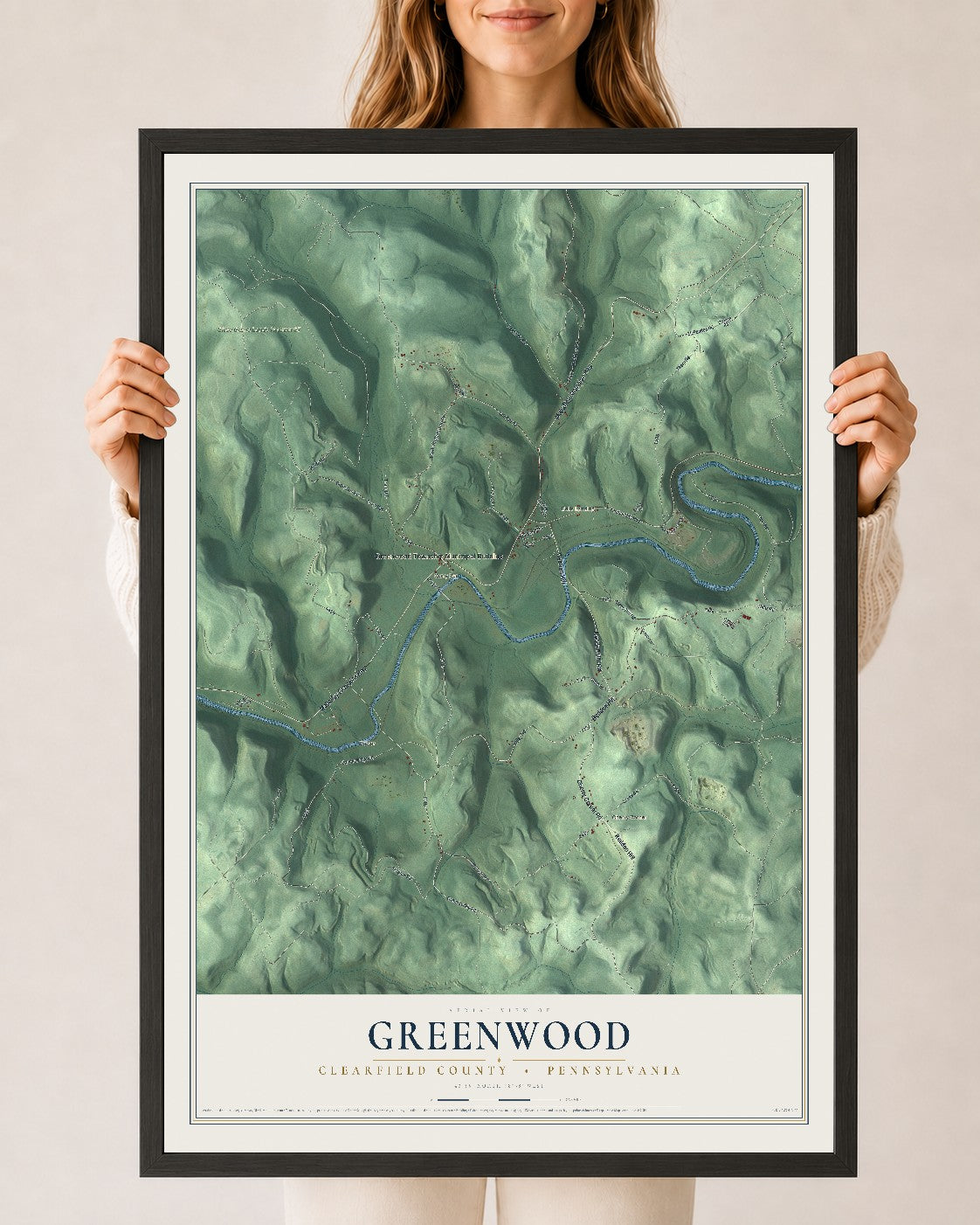 Map of Greenwood, Clearfield County, Pennsylvania, 24 x 36 inch print in a black wood frame
