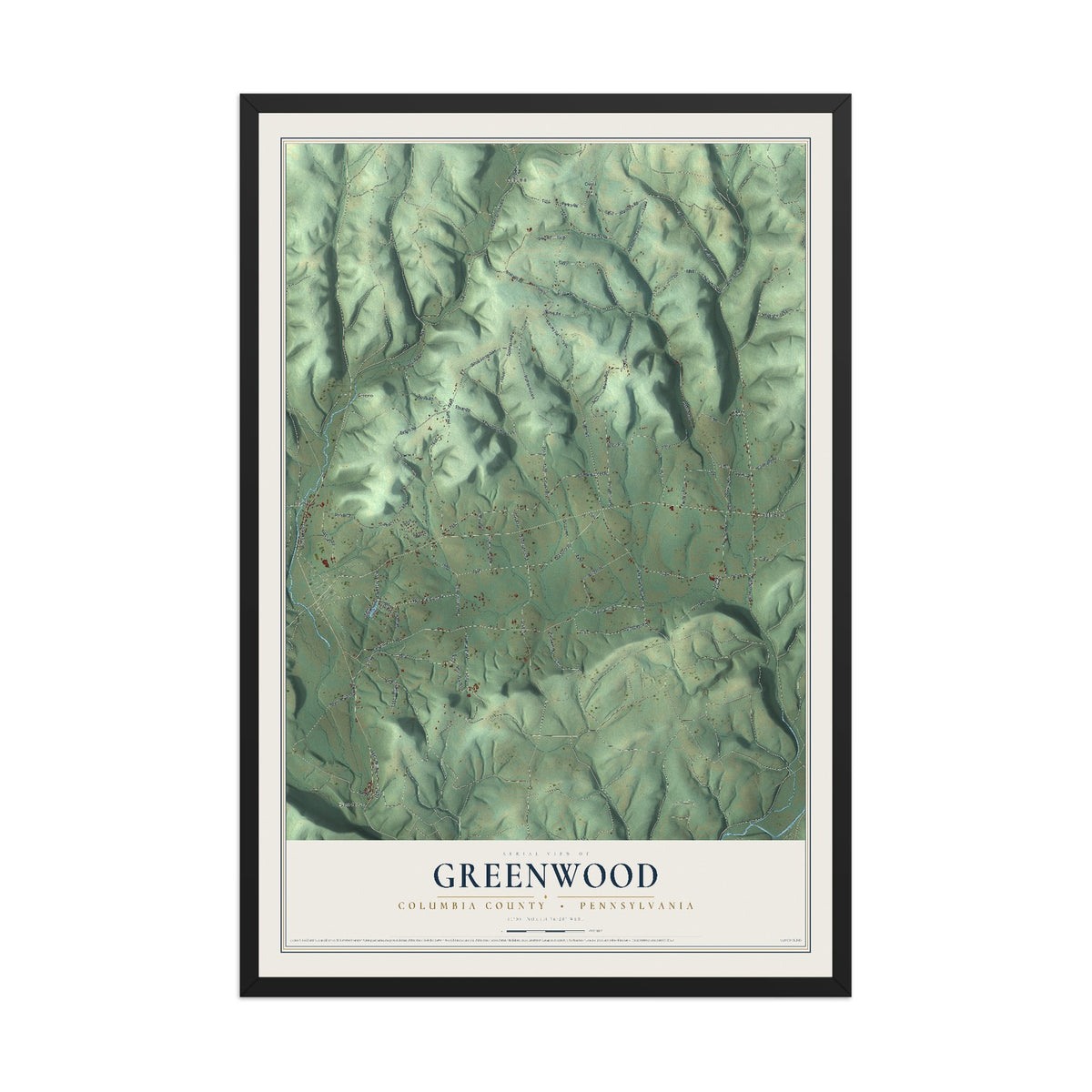 Map of Greenwood, Columbia County, Pennsylvania, 12 x 18 inch print in a black wood frame