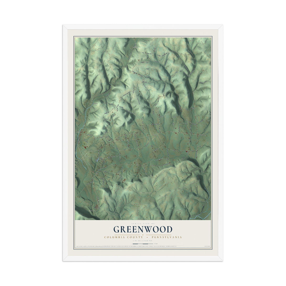 Map of Greenwood, Columbia County, Pennsylvania, 12 x 18 inch print in a white wood frame
