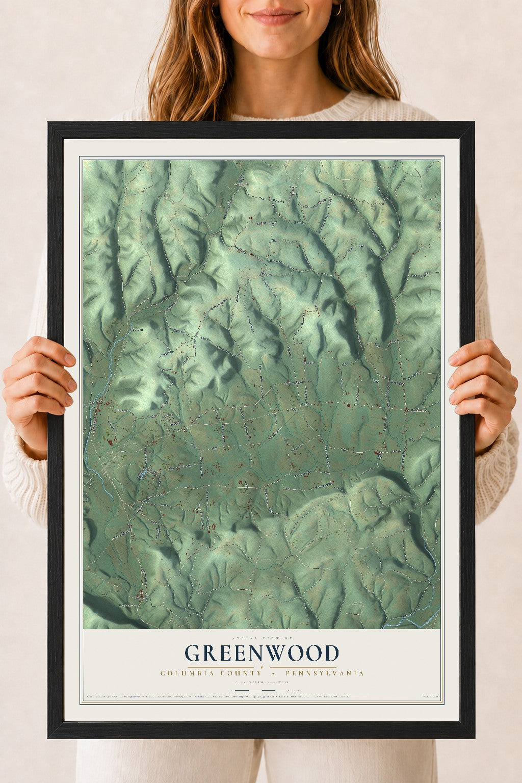 Map of Greenwood, Columbia County, Pennsylvania, 18 x 24 inch print in a black wood frame