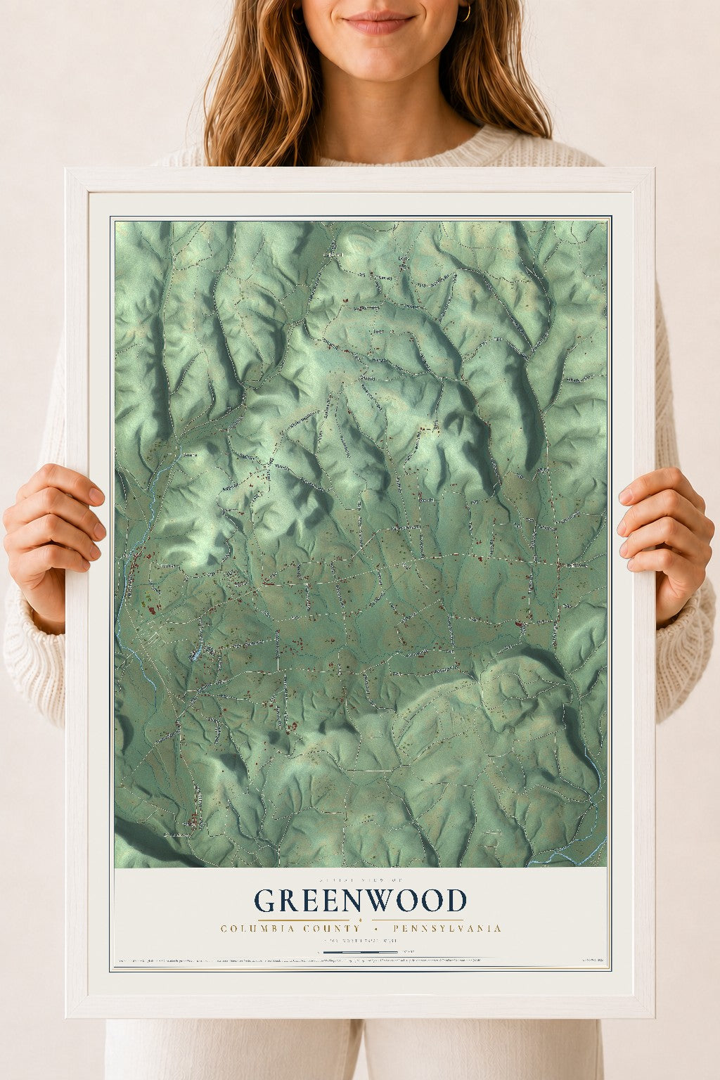Map of Greenwood, Columbia County, Pennsylvania, 18 x 24 inch print in a white wood frame