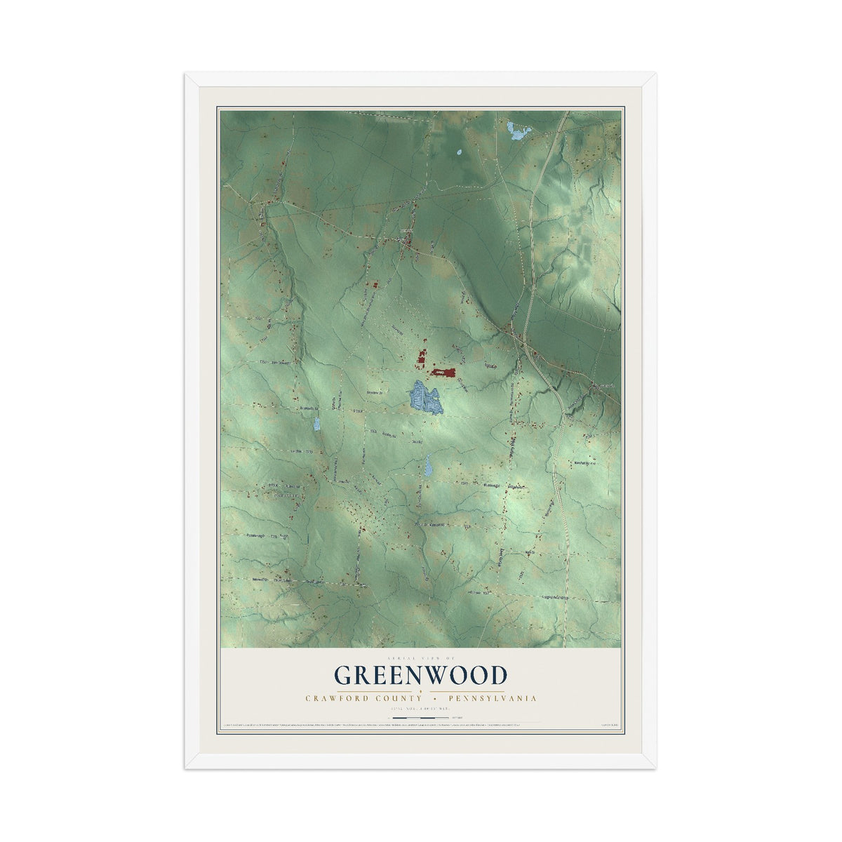 Map of Greenwood, Crawford County, Pennsylvania, 12 x 18 inch print in a white wood frame