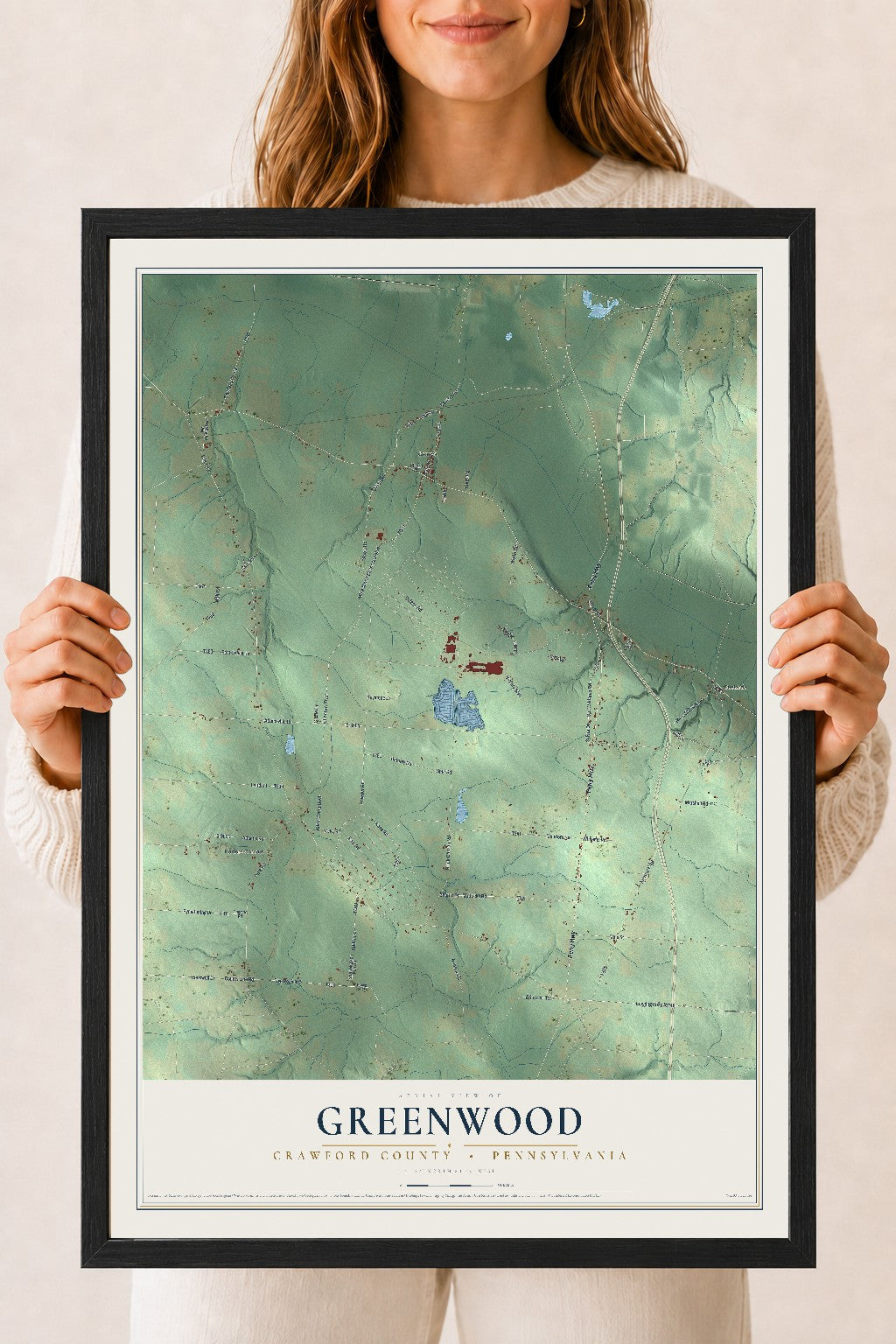 Map of Greenwood, Crawford County, Pennsylvania, 18 x 24 inch print in a black wood frame