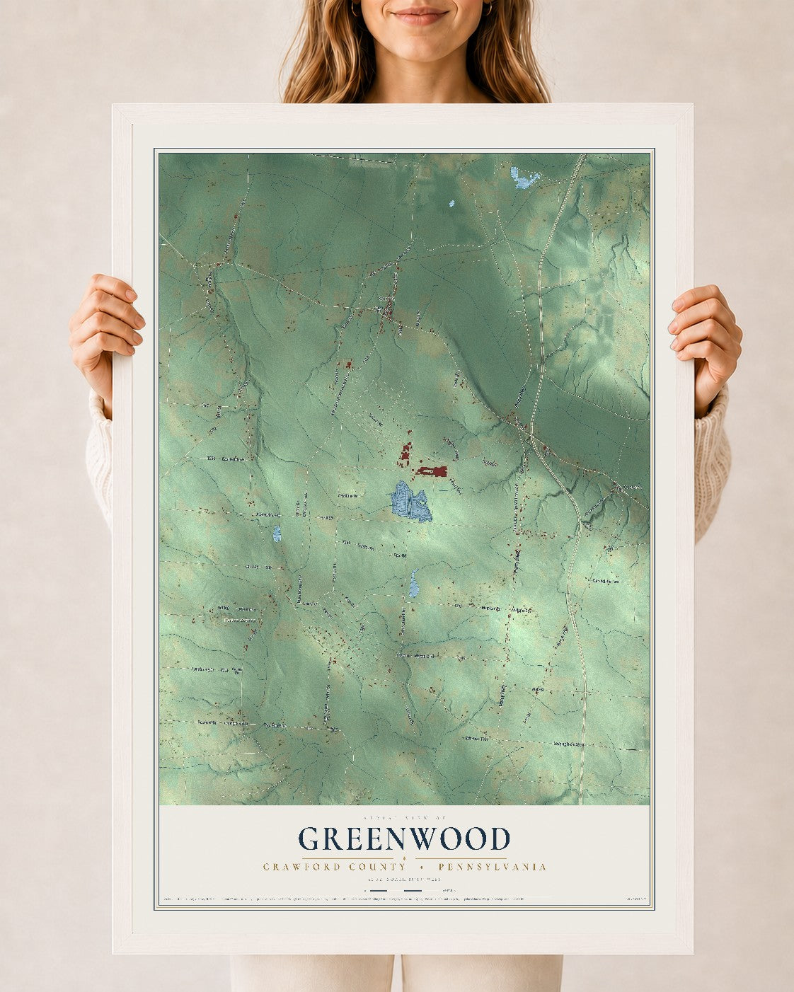Map of Greenwood, Crawford County, Pennsylvania, 24 x 36 inch print in a white wood frame