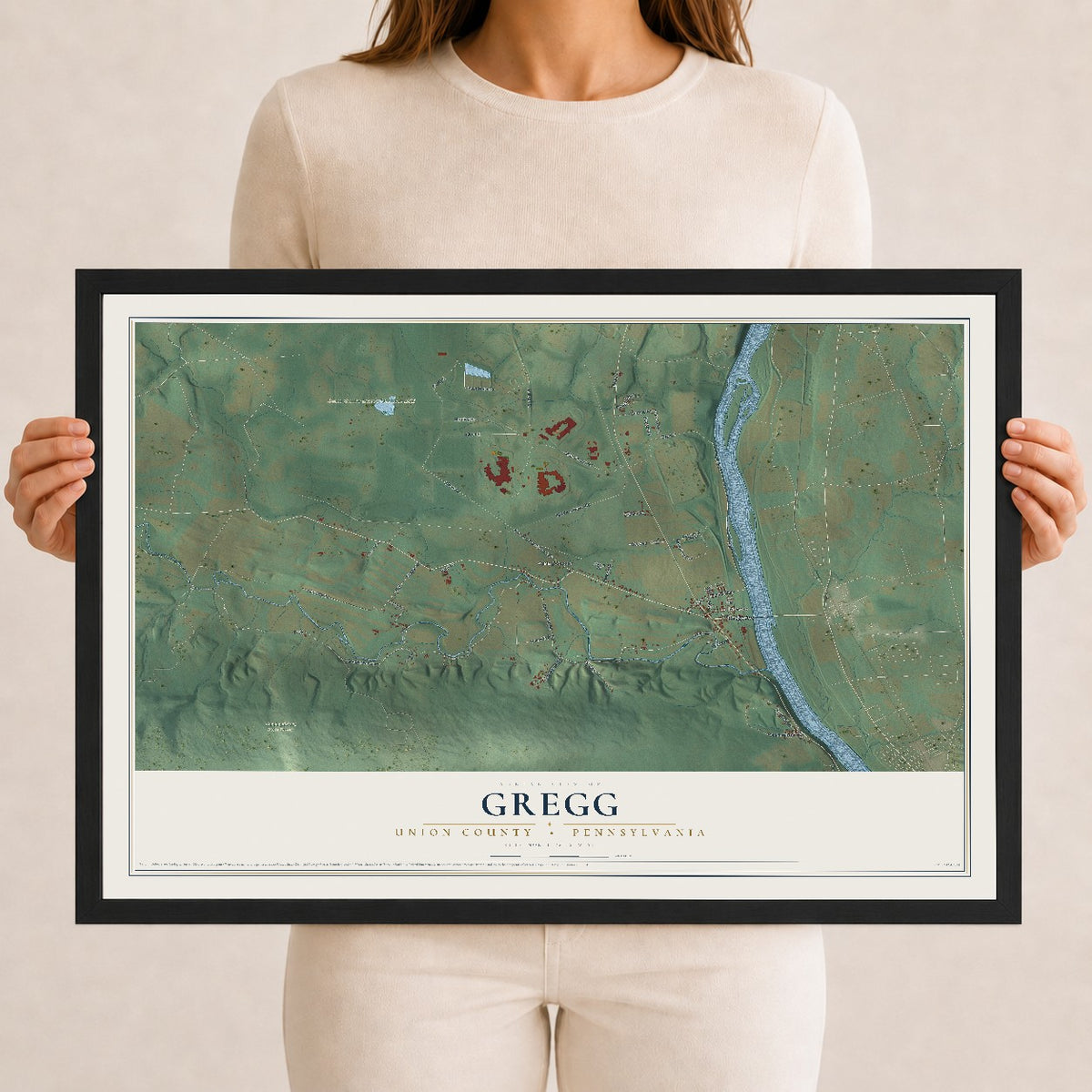 Map of Gregg, Union County, Pennsylvania, 12 x 18 inch print in a black wood frame