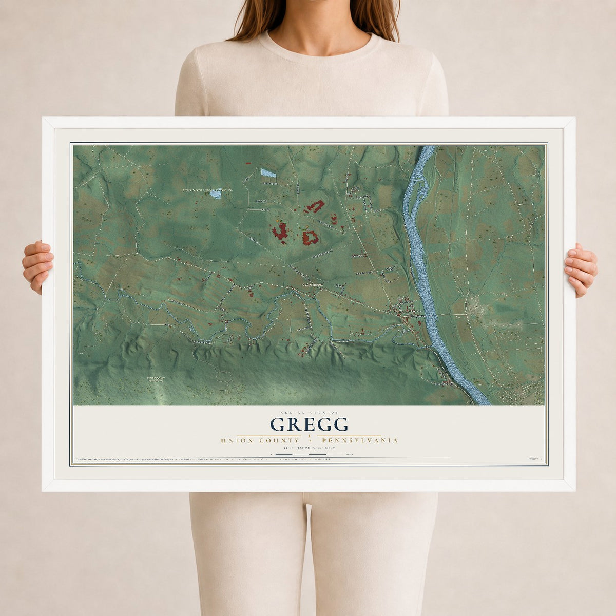 Map of Gregg, Union County, Pennsylvania, 24 x 36 inch print in a white wood frame