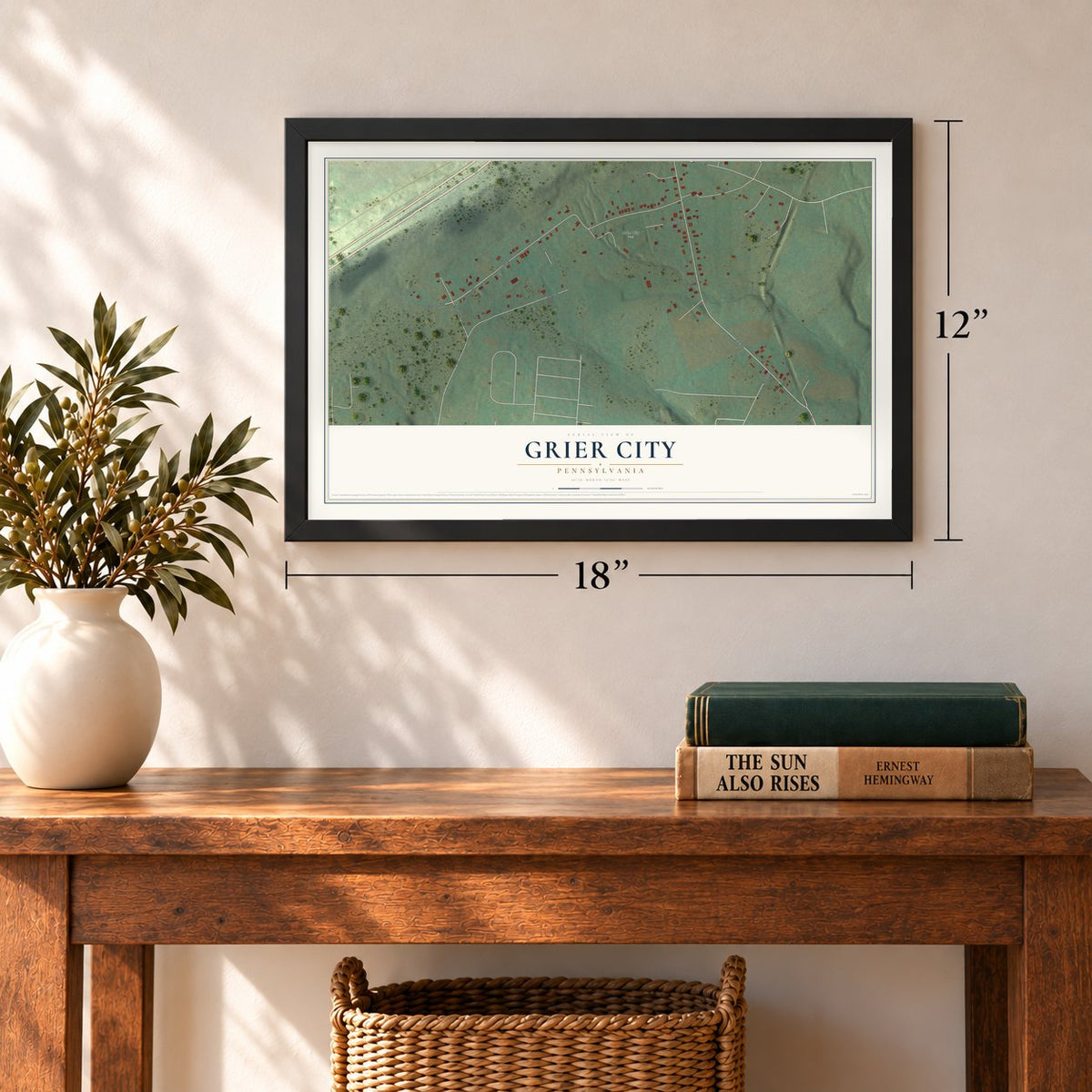 Grier City, Pennsylvania map, 12 x 18 inch print in a black frame in an entryway