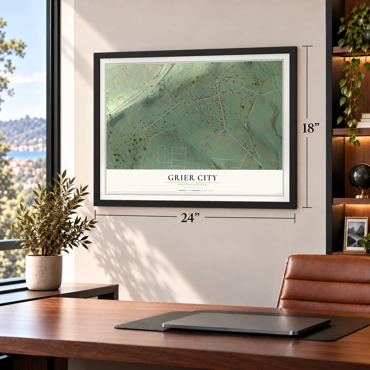 Grier City, Pennsylvania map, 18 x 24 inch print in a black frame in a home office