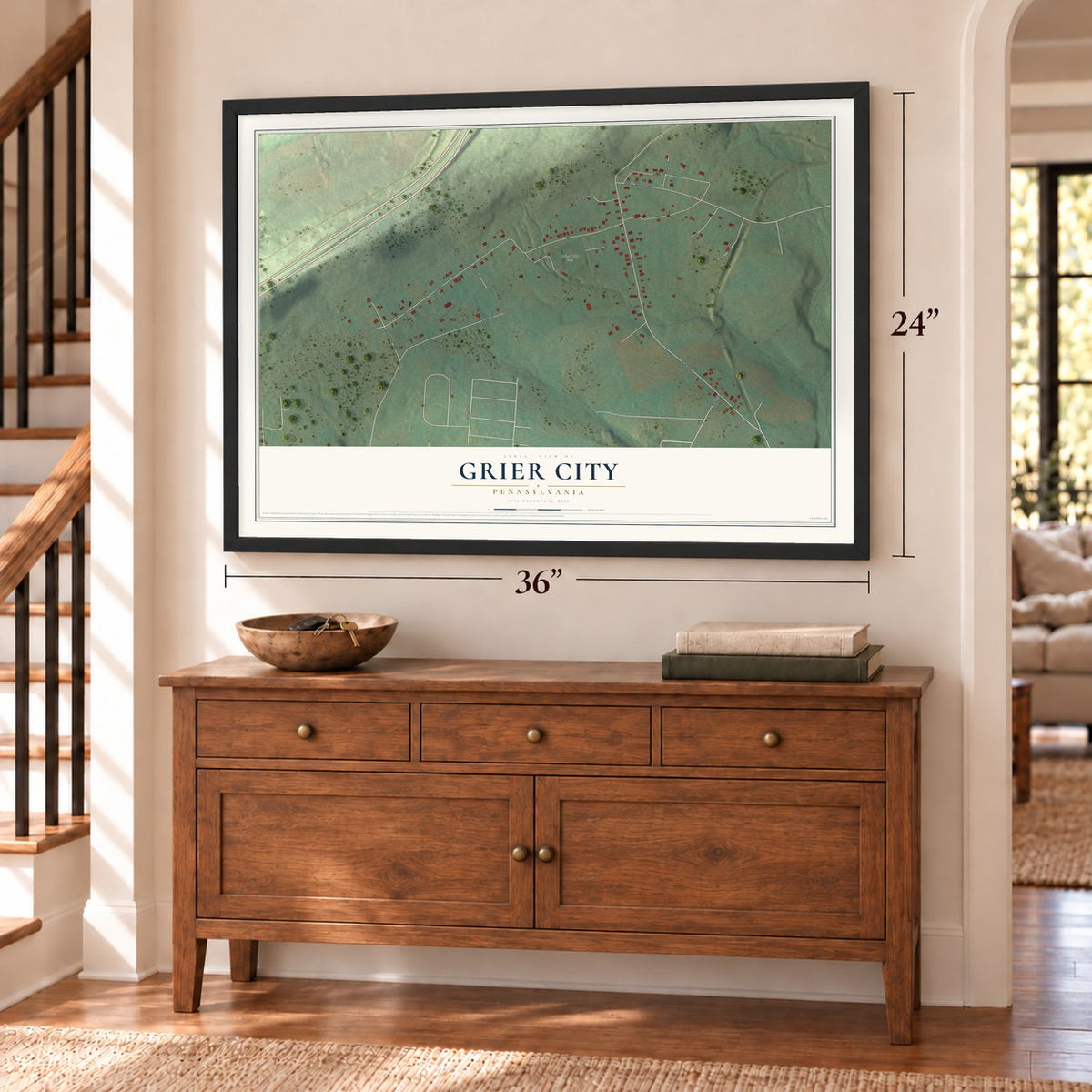 Grier City, Pennsylvania map, 24 x 36 inch print in a black frame above a dresser by a staircase
