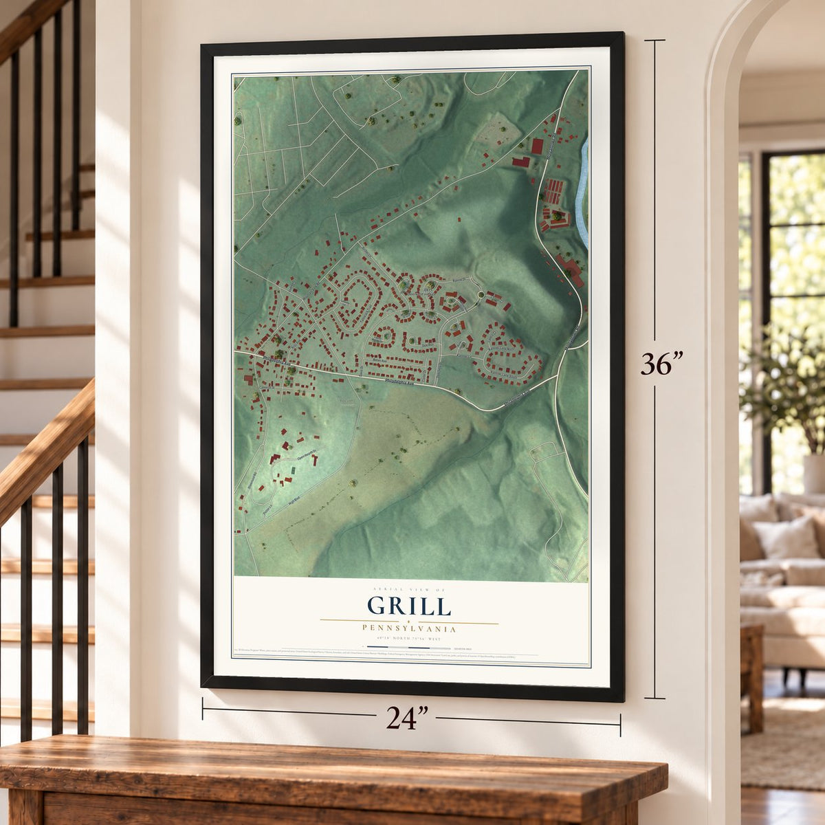 Grill, Pennsylvania map, 24 x 36 inch print in a black frame by a staircase