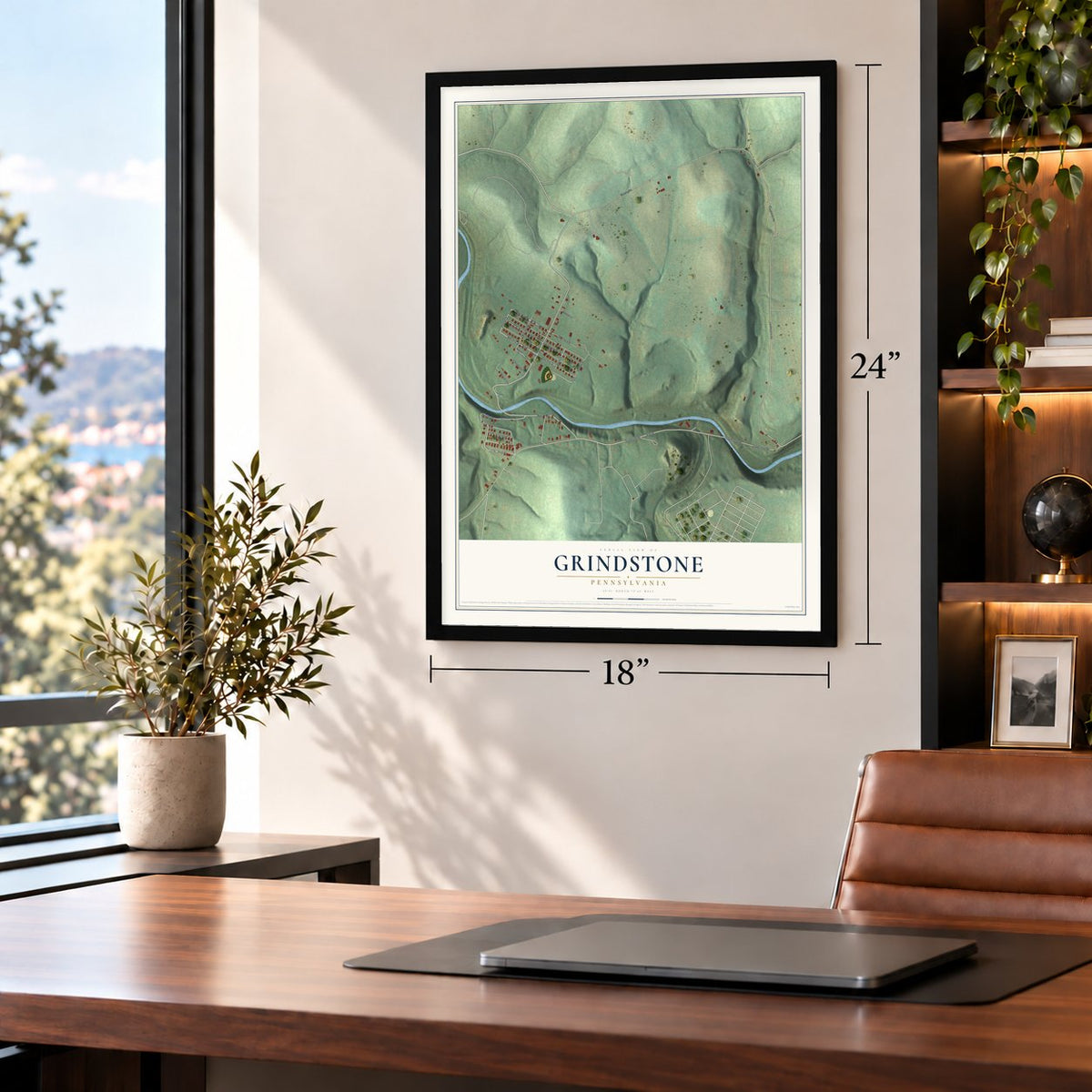 Grindstone, Pennsylvania map, 18 x 24 inch print in a black frame in a home office