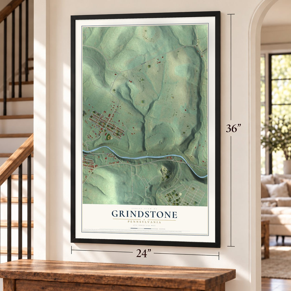 Grindstone, Pennsylvania map, 24 x 36 inch print in a black frame by a staircase