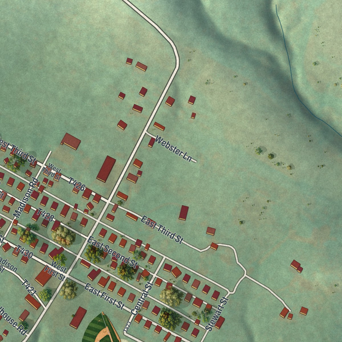 Close-up of the map of Grindstone, Pennsylvania print showing street and building detail